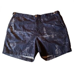 Lands End Nylon Nautical Swim Trunks, Size 38, Navy​ w/ Boats, Adjustable Waist